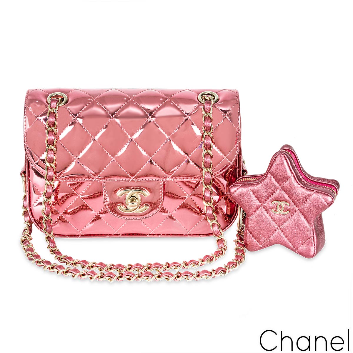 Chanel Hollywood Boulevard Flap With Coin Purse in Mirror Metallic Pink Calfskin